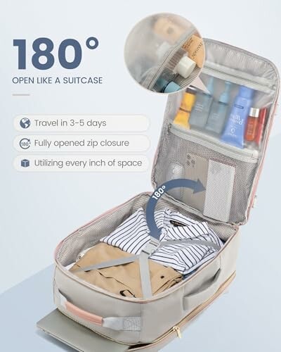 Travel backpack with packing cubes and toiletry bag on a wooden desk.