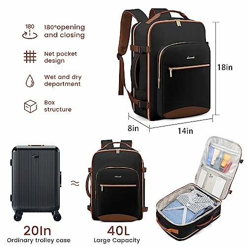 Black backpack with large capacity and multiple compartments, dimensions 18x14x8 inches.