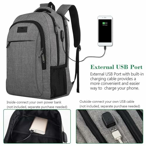 Grey backpack with external USB port for charging devices.