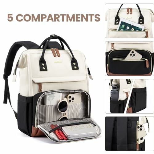Backpack with 5 compartments and various items inside.